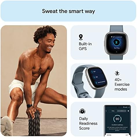 Fitbit Versa 4 Fitness Smartwatch עם מוכנות יומית, GPS, דופק 24/7, 40+ מצבי אימון, מעקב שינה ועוד, מפל כחול/פלטינה,