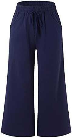 מכנסי רגל רחבים של ZDFER לנשים מותניים אלסטיים משיכת יבול מכנסי פשתן מכנסיים מכנסיים מכנסיים מכנסיים עם כיסים