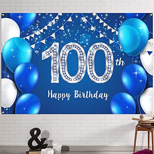 המגר 6 על 4 רגל שמח 100 יום הולדת באנר רקע - 100 שנה יום הולדת קישוטים ספקי צד לנשים גברים-כסף כחול