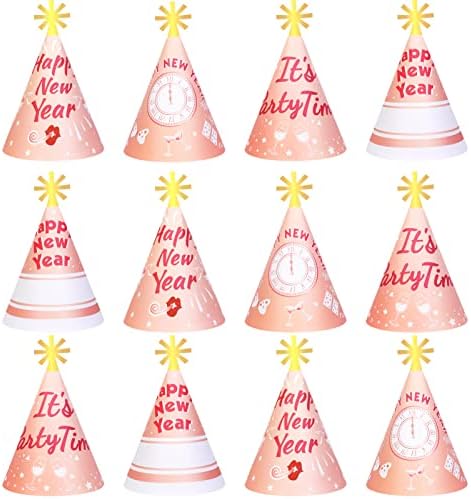 מסיבת שנה טובה טובה אספקה, 12 יחידות רוז זהב 2023 כובעי קונוס למסיבת ערב השנה החדשה, כובעי מגבעות למסיבת שנה