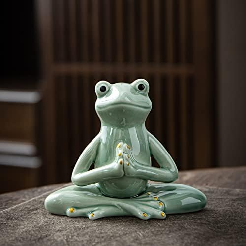 Owmell 3.5 פסל צפרדע מדיטציה קרמיקה, פוזה של יוגה צפרדע צפרדע לעיצוב הבית - נמסטה ירוקה