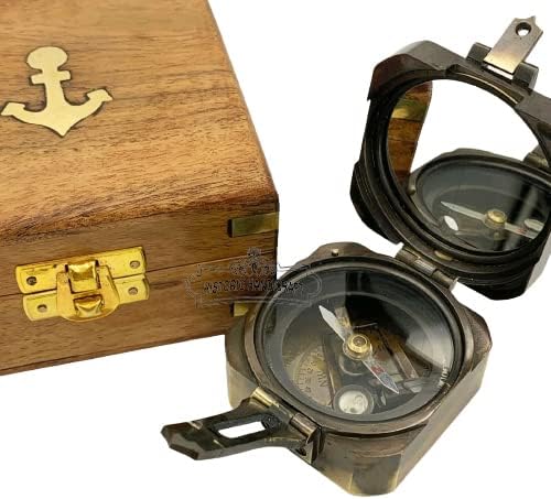 עתיק קלווין ויוז לונדון ברונטון 1917 מצפן פליז מכרייה מצפן, כיס פליז חיצוני ניווט מצפן עם קופסת עץ