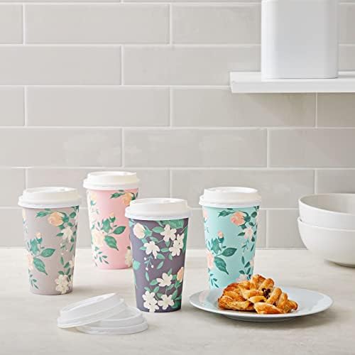 48-חבילה חד פעמי פרחוני נייר קפה כוסות עם מכסים 16 עוז, ללכת קפה כוסות עבור פרח-נושאים יום הולדת ספקי צד,