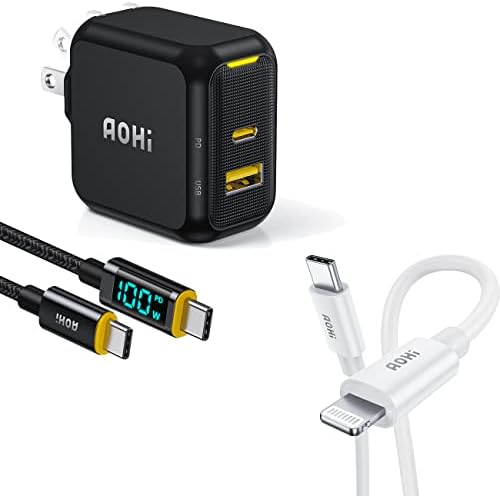 AOHI 67W 2PORTS GAN + USB C מטען עם כבל USB C 4ft C ל- USB C עם תצוגת LED + AOHI USB C לכבל ברק, 3ft