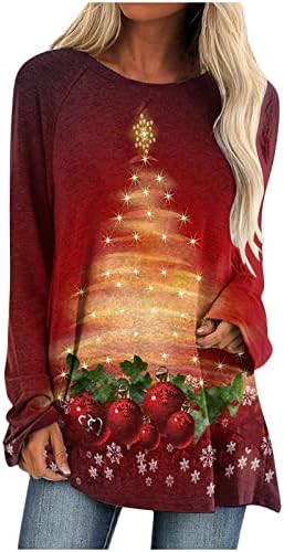 חולצת טריקו לחג המולד שמח לנשים עץ הדפס עץ צווארון טש חולצות שרוול ארוך מזדמן