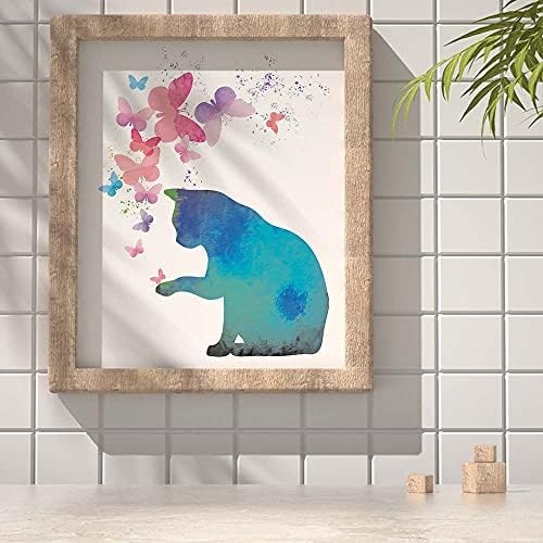 IIILUYOT חתול צבעי מים עם הדפס אמנות פרפר צבעוני, סט של 4 בעלי חיים בצבעי מים ציור פוסטר לעיצוב