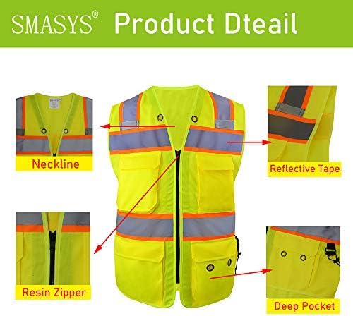 SMASYS אפוד בטיחות נראות גבוהה עם 5 כיסים, פסים רפלקטיביים בטיחות אפוד סרוג בגדי בנייה בהירים