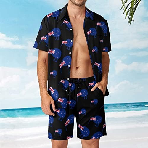 Weedkeycat ניו זילנד קיווי ציפור תלבושות חוף גברים 2 חלקים כפתור הוואי למטה חולצה עם שרוול קצר ומכנסי תא מטען קצרים