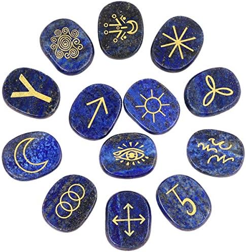 Mookaitedecor 13 PCS Lapis Lazuli Witches Runes סמל צועני חרוט, ריפוי אבן קריסטל עם תיק צ'אקרה גרון