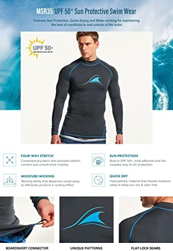 TSLA גברים UPF 50+ שומר פריחה של שרוול ארוך, חולצת שחייה מהירה של UV/SPF, חולצות שחייה גלישה במים