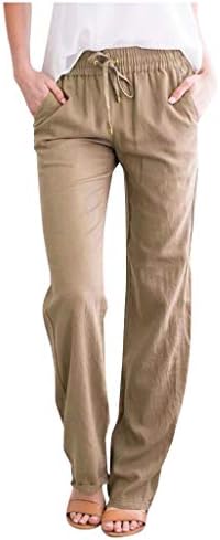 טרנדי קיץ קאפרי מכנסיים לנשים פשתן מוצק צבע אלסטי חיכה מכנסי קומפי ישר רגל רופף מכנסיים עם כיסים