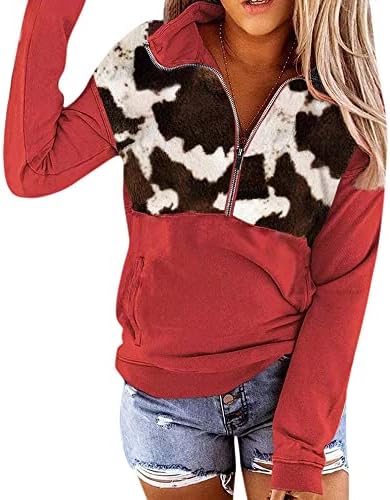 נשים 1/4 רוכסן רוכסן הדפסת פרה צמרות שרוול ארוך צוות צוואר סווטשירטים סוודר סוודר טוניקה חולצה סתיו.