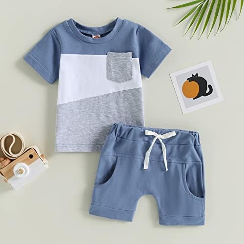 פעוט תינוק תלבושת קיץ תלבושת קיץ שרוול קצר ניגודיות צבע חולצה עליונה מכנסיים קצרים מוצקים אלסטיים