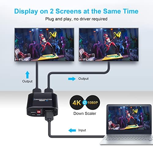 מפצל 4K HDMI 1 ב -2 בחוץ, Yauhody 4K 60Hz 1x2 HDMI מפצל לתצוגה של מסכים כפולים, כפול/מראה/העתק דו דרך מפצל