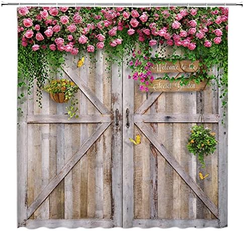 Ueauun כפרי עץ אסם דלת וילון מקלחת פרח קיר גן קאנטרי וינטג 'עלים ירוקים וילונות אמבטיה בדים סט תפאורה עם ווים