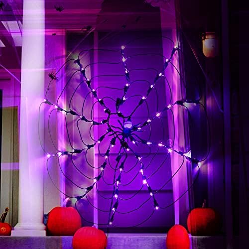 מינטום ליל כל הקדושים עכביש אורות אינטרנט עם עכביש, אטומי LED 60 אורות סגולים LED ורשת שחורה לחצר מרפסת בר רדוף