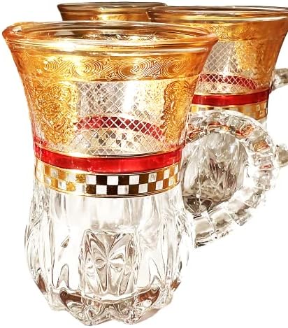 כוס קפה של כוס תה זכוכית עם בידית דמקה מוזהבת סט עיצוב של 6 כוסות אסטיקני טורקי לתה