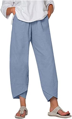 מכנסי פשתן קצוצים של CHGBMOK מכנסי טרקלין נוחים מזדמנים אלסטיים אלסטיים מותניים רחבים חוף חוף