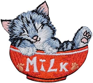 חתול בקערת חלב אדום - חיות מחמד/בעלי חיים - חתלתול - ברזל רקום על תיקון