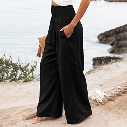 צפותים פשתן מכנסיים לנשים גבוהה מותן רחב רגל רופף כושר פאלאצו מכנסיים מקרית חוף טרנדי מערה עם כיסים