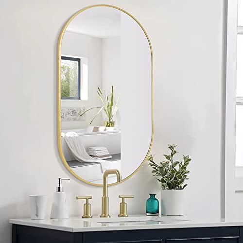 מראה סגלגל קופני, מראה אמבטיה זהב 17 x30 עם מסגרת מתכת, מראות קיר עיצוב לסלון חדר שינה 、 כניסה תלויה