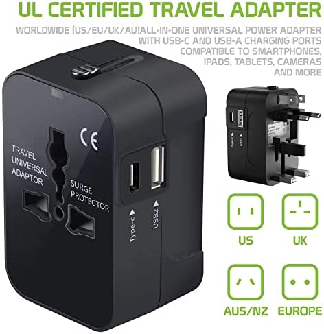 Travel USB פלוס מתאם כוח בינלאומי תואם ל- Alcatel Pop 4 עבור כוח עולמי לשלושה מכשירים USB Typec, USB-A לנסוע