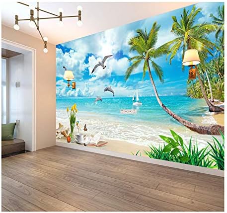 Rtyuihn Seascape נוף נוף ציור נוף עץ קוקוס מפרץ דולפין, מתאים לסלון חדר שינה קישוט ביתי/טפט אמנות מודרני