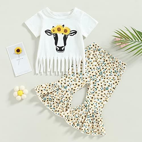 בונאנגבר בגדי תינוקות מערביים בוהו הדפס פרה דפוס שרוול קצר ציצית+מכנסי התלקחות פרחים
