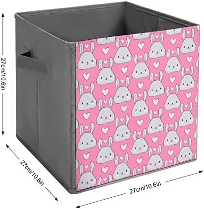 דפוס ארנב חמוד פחי אחסון מתקפלים קופסאות סלי בד הדפסה עם ידיות לצעצועי בגדים, 11x11x11