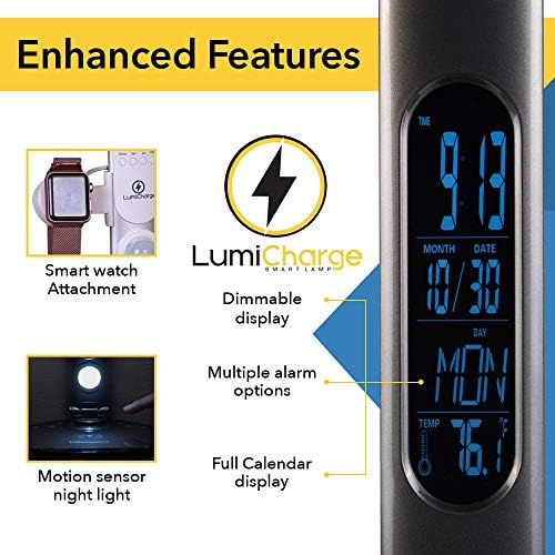 LumichArge LED 6 ב 1 מנורת שולחן וטלפון טעינה טעינה - כרית טעינה אלחוטית QI 10W, בקרת מגע, אור תנועה, שעון עם תצוגת