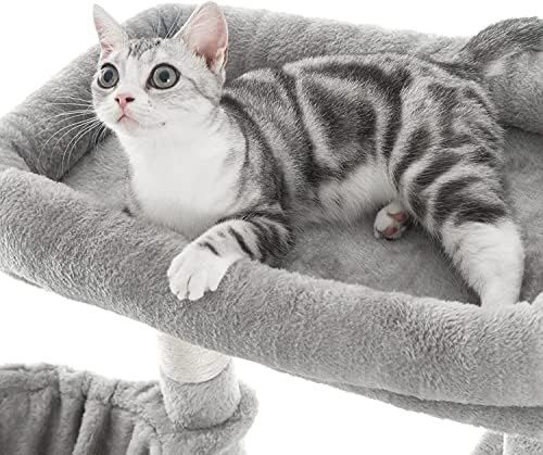 פסופר 50.8 אינץ ' דירת חתול מעץ חתול עם סל עמוק הנתמך על ידי שני קטבים, מוט עליון גדול לחתולים אפור בהיר
