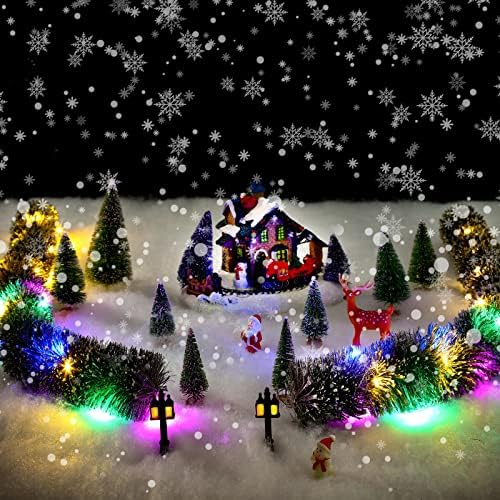 12 יח 'אביזרי כפר חג המולד מיני נוהרים עיצוב עץ אורן סיסל גמיש עם בסיסי עץ ואורות מיתר מקורה LED