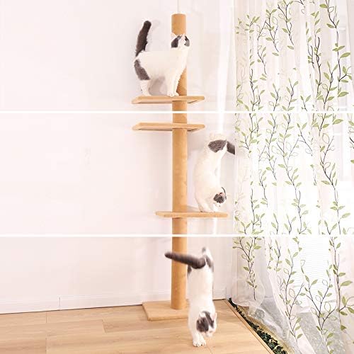 שלושת חתול שכבתי עץ חתול גבוה עמדת גירוד, מגדל חתול עץ רצפה עד תקרה מתכווננת, מגדל טיפוס חתולים