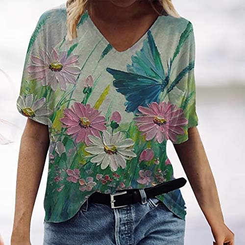 נשים קיץ v צוואר חולצת טש חולצת פרחים מזדמנים אופנתיים הדפסה רופפת טוניקה טוניקה טוניקה קצרה שרוול