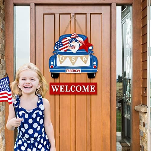 4 ביולי קישוטי שלטי דלת ברוך הבא, שלטי יום זיכרון מעץ, משאיות, דגל אמריקאי פטריוטי לב וכוכבים ארהב גנום