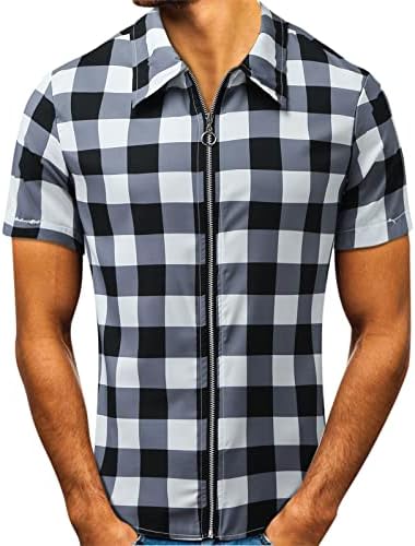 חולצות רוכסן XXBR לגברים, בקיץ שרוול קצר משובצים צמרות אופנה רזה כושר משרד משובץ חולצה מזדמנת