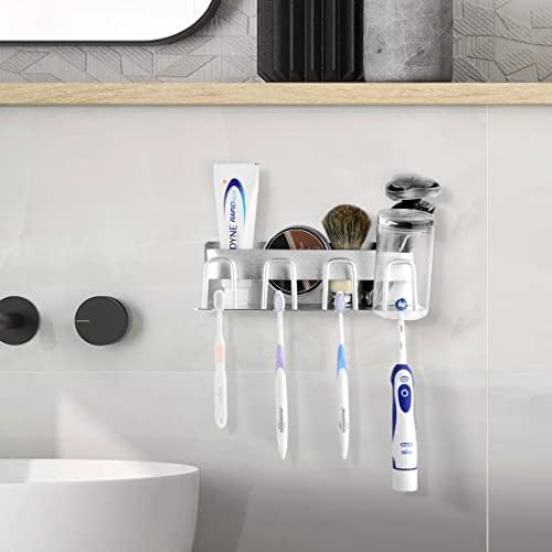 מחזיק שיניים מחזיק קיר רכוב לחדר אמבטיה, 4 כוסות מברשת שיניים ומשחת שיניים, מחזיק תער נירוסטה למקלחת, מארגן