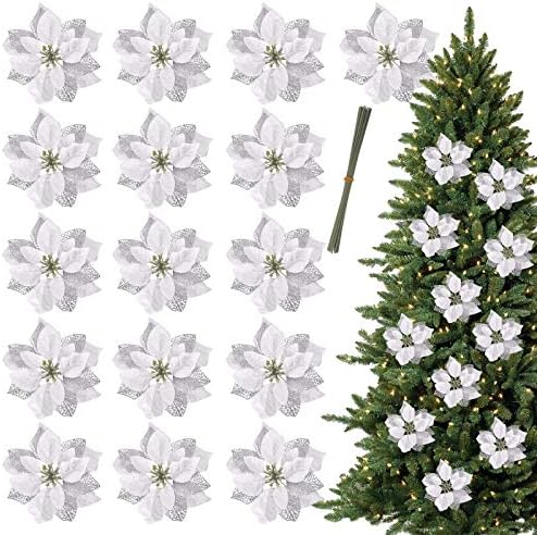Kspowwin 16 חבילה 8.7 אינץ 'חג המולד נצנצים פוינסטיה פרחים מלאכותיים בוחרים קישוטים לעץ חג המולד לקישוט