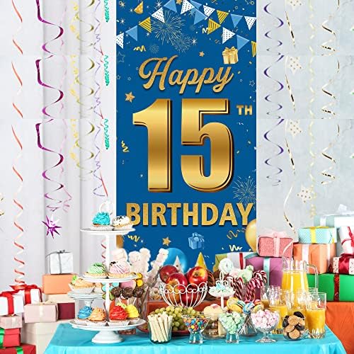 קישוטים של דלת יום הולדת 15, קישוטים של יום הולדת 15 שמח לבנים בנות, תפאורת יום הולדת 15 זהב כחול, קישוט כיסוי