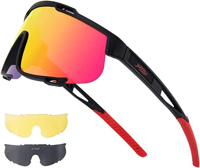 Jepozra משקפי אופניים מקוטבים עם 3 עדשות להחלפה, משקפי רכיבה בייסבול מפעיל משקפי שמש ספורט סקי