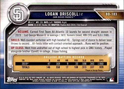 טיוטת Bowman 2019 BD-183 Logan Driscoll RC טירון סן דייגו פאדרס MLB כרטיס מסחר בייסבול