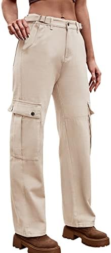 מיאשוי נשים של מכנסיים מקרית אלסטי מותניים נשים מקרית אופנה 4 כיסים גבוהה מותן מכנסיים מטען רחב