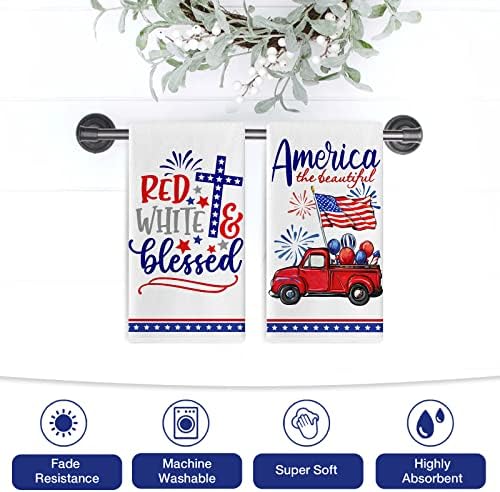 סלים 4 ביולי אמריקה המשאית האדומה הפטריוטית היפה סט מגבות מטבח של 2, כוכבי דגל אמריקאי מגבת יד ייבוש בד בישול