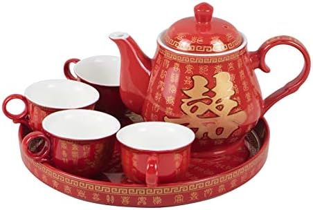 KCGANI אושר כפול חרסינה אדום תה חתונה סט קומקום, ציוד לקישוט חתונה מסורתי סיני, שירות תה קרמיקה יצירת