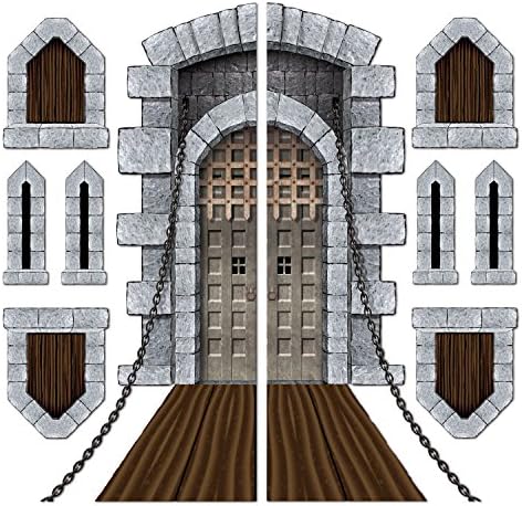 ימי הביניים מסיבת קישוטי עם טירת קישוטי כולל טירת דלת עם גשר, חלונות, אבן מדרגות, ולפיד אבזרי-עבור יום
