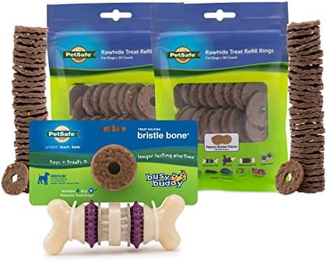 PetSafe Bedile Bristle Bone & Treat Mill Combo - טיפול באחזקת צעצוע לכלבים עם 60 מילוי כלול - פינוקים