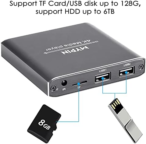 נגן מדיה 4K עם שלט רחוק, נגן MP4 דיגיטלי עבור 8TB HDD/USB כונן/כרטיס TF/H.265 MP4 PPT MKV AVI