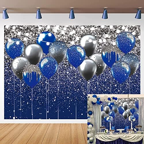 רויאל כחול גליטר רקע כחול וכסף שחור בלון נצנצים צילום רקע עבור יום הולדת חתונה סיום נשף מסיבת באנר