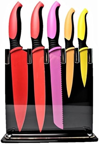 קיצ 'נסון 3 קר14 נירוסטה סט כלי אוכל מקצועי רב צבעוני עם 5 סכינים ו-1 מעמד אקרילי שקוף 8.25 על 8.5, אדום, ורוד,