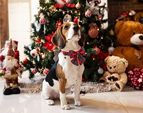 צווארון כלבי חג המולד של כלב עם עניבת פרפר, צווארון כלב משובץ אדום כותנה כותנה מתכווננת עמידה עמידה